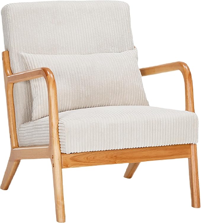 Mid Century Modern Accent Chair, Upholstered Corduroy Armchair with Lumbar Pillow, Solid Rubberwood Frame for Living Room, Bedroom, Waiting Room, Beige