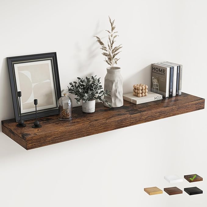 12" Deep Floating Shelves for Wall with Invisible Brackets, Wall Mounted Engineered Wood Shelves with Wood Grain for Living Room, Bedroom, Kitchen Decor and Storage, 55"L Set of 1, Rustic Brown