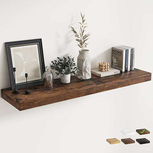12" Deep Floating Shelves for Wall with Invisible Brackets, Wall Mounted Engineered Wood Shelves with Wood Grain for Living Room, Bedroom, Kitchen Decor and Storage, 55"L Set of 1, Rustic Brown