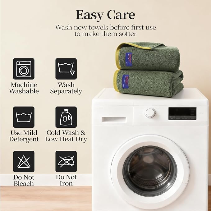 REDKISS 2 Pack Cotton Bath Towels, Soft Absorbent 600 GSM, 27x54 Inch | Quick Dry | Reinforced Stitching | Modern Contrast Border Design | Machine Washable | Bathroom, Gym|Spa & Guest Use | Green