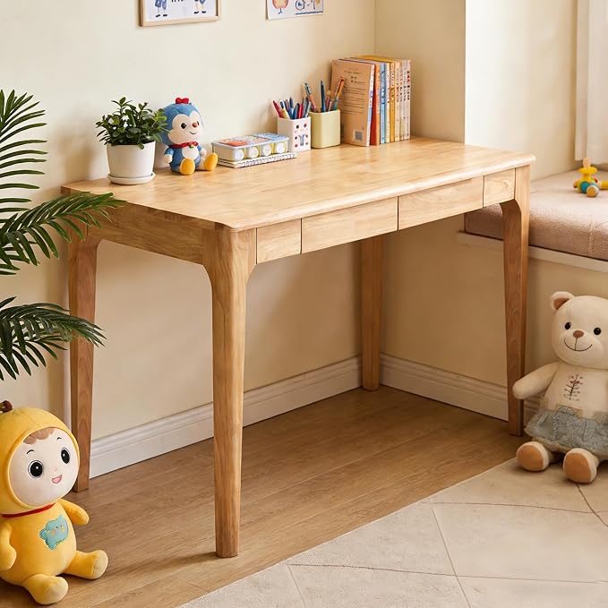 Small Solid Wood Computer Desk with Drawers, Home Office Desk with Storage for Small Spaces, Mid-Century Modern Study Writing Table for Bedroom, Living Room, Office, Gaming Room (Natural)