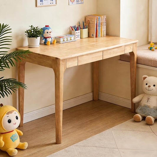 Small Solid Wood Computer Desk with Drawers, Home Office Desk with Storage for Small Spaces, Mid-Century Modern Study Writing Table for Bedroom, Living Room, Office, Gaming Room (Natural)