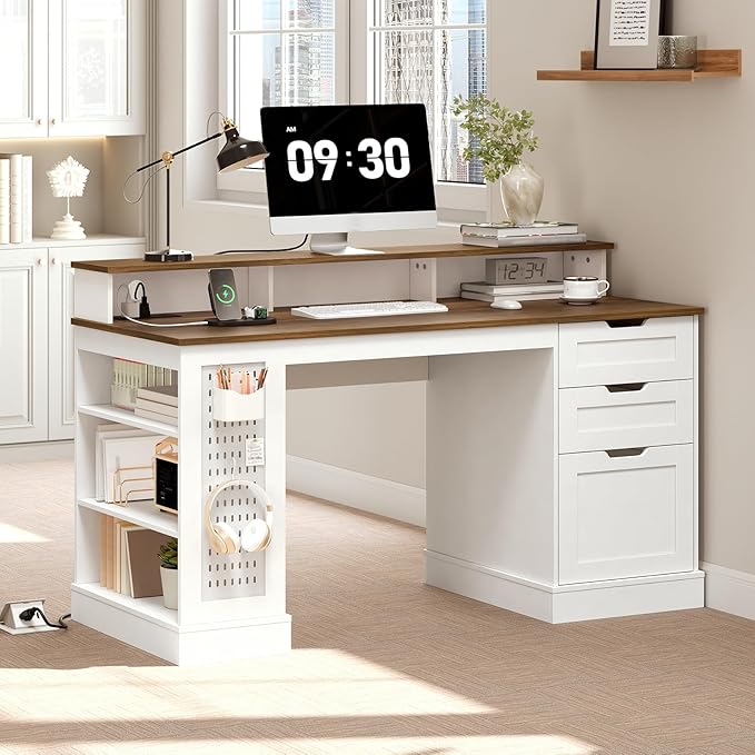 55-inch Farmhouse Executive Desk with 2 Drawers and File Cabinet, Computer Desk with 3-Tier Storage Shelves, Home Office Desk with Charging Station, Pegboard & Monitor Shelf, White and Walnut