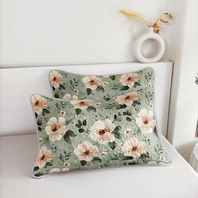 AILONEN King Quilted Comforter Set 3 Piece Meadow Blossom Bedspread Coverlet 2 Pillowcases Soft Luxury Suite Adults Home Decor Upgrade Elegant Refreshing Greenery Bloom
