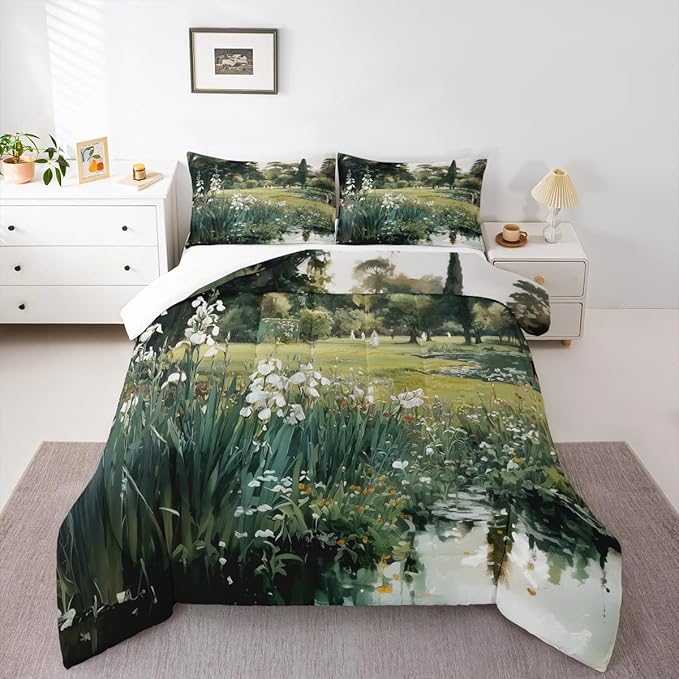 Erosebridal Vintage Floral Toddler Bedding Set Rustic Wildflowers Aesthetic Comforter Set Countryside Oil Painting Scenery Down Comforter for Kids Teens Country Plants Flowers Bed Set Bedroom Decor