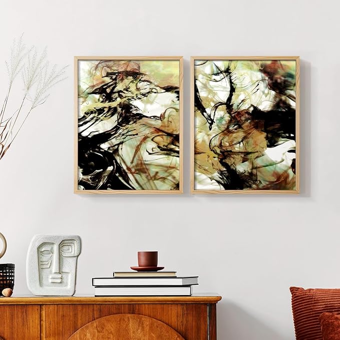 Renditions Gallery Set of 2 Peel & Stick Framed Prints, Abstract Wall Art, Vaping Smoke Design Wall Decor, Re-Stickable - Ready to Hang - 22"x28" - NATURAL WOOD Frame LT588