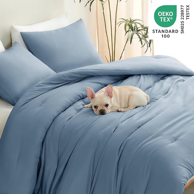 CozyLux Oversized Queen Comforter Set Grayish Blue, 3 Pieces 98"x98" Lightweight Down Alternative Quilted Bedding Sets, Dusty Blue All Season Solid Comforter with 2 Pillowcases, Bed Set Gift for Home