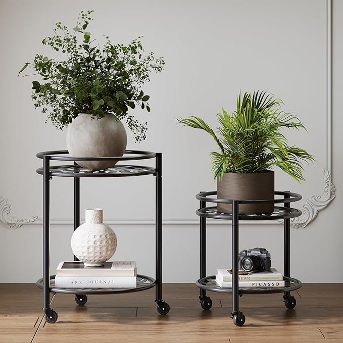 2 Tier Rolling Plant Stand with Wheels, Mid Century Modern Metal Stand for Planters, 2 Sizes 9 Inch & 11 Inch, Indoor Outdoor Movable Flower Pot Holder for Decor Home Garden Patio Load Bearing 165 LB 2 Pack Black