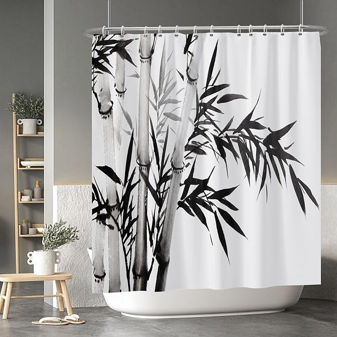 Baocicco Black White Bamboo Shower Curtain Chinese Ink Painting Plant Art Aesthetic Shower Curtains Decorative for Bathroom Waterproof Fabric Shower Curtain with Hooks 72x78 Inches