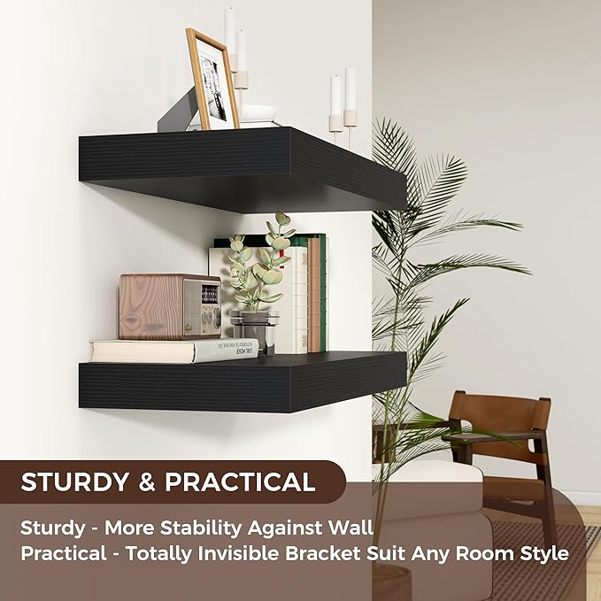 Floating Shelves for Wall, 36" W x 12" D x 2" H, 2 Pack of Long Wall Mounted Engineered Wood Shelves with Invisible Brackets for Living Room, Bedroom, Bathroom, Kitchen Decor, Black