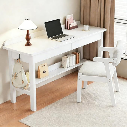 Solid Wood Desk with 2 Drawers, Vintage Narrow Computer Desk with Storage Shelf, Mid Century Modern Desk, Small Writing Desk for Bedroom(39.3" W, White)