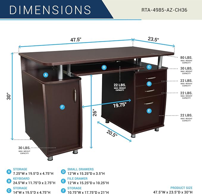Techni Mobili 48'' W Computer Desk with File Cabinet and Drawers, Storage Cabinet with Removable Shelf and Ventilation for CPU, Home Office Desk or Computer Workstation with Keyboard Tray, Chocolate