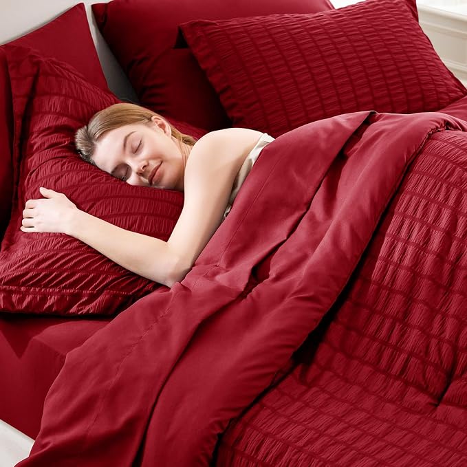 CozyLux King Size Comforter Set Dark Red, 7 Pieces Seersucker Textured Luxury Bed in a Bag, All Seasons Soft Bedding Sets with Down Alternative Comforter, Sheets, Pillowcases & Shams, Home Gift