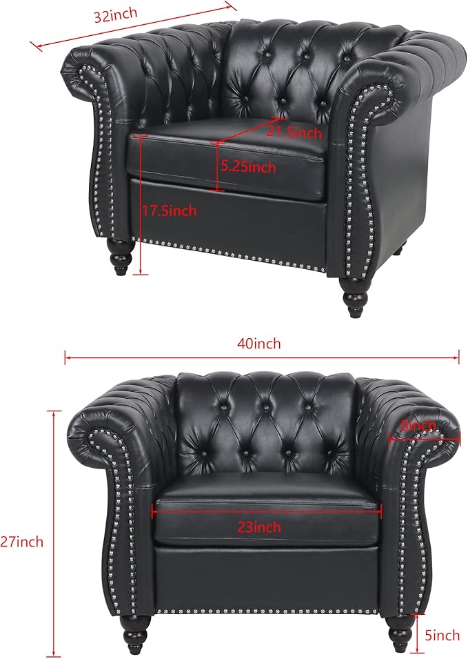 LEVNARY Leather Upholstered Armchair, Mid-Century Modern Single Sofa Chair with Rolled Arms and Nailhead, Tufted Pu Leather Chesterfield Chair for Home Bedroom Reading Room (Black)