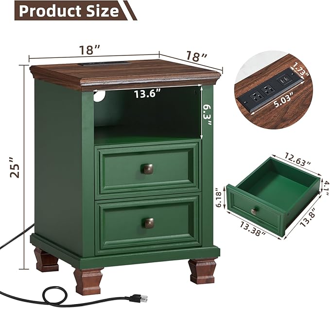 Farmhouse Nightstand Set of 2 with Charging Station, Rustic Green Nightstand,2 Drawers End Table for Living Room,Bedside Table with Open Shelf for Bed Room,Green