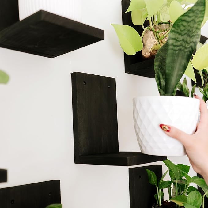Daniel's Plants 3 Pack Mid-Century Modern L Shaped Wooden Plant Shelf Kit | Wall Mounted Floating Shelves | Solid Wood Wall Planter Shelf | Midnight Black