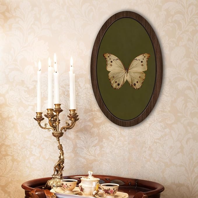 UYIKG Vintage White Butterfly Oval Wall Art Decor,Vintage Antique Moth Rustic Farmhouse Oval Wooden Framed Decor for Home Bedroom Living Room Reading Room 9x14.6 in
