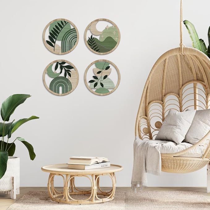TOARTi 4PCS Green Botanical Wooden Wall Art Bohemian Hanging Art Farmhouse Geometric Wooden Wall Decor Aesthetic Plants Artwork Boho Minimalist Wall Decor for Bedroom Living Room