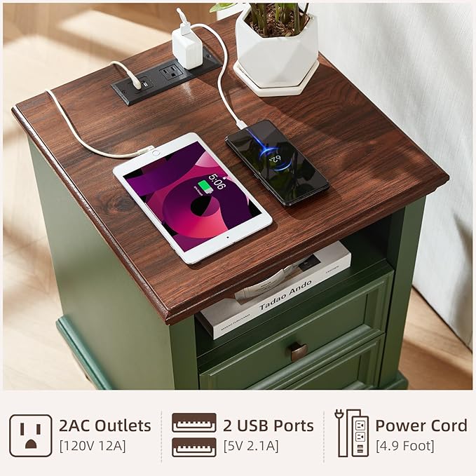Farmhouse Nightstand Set of 2 with Charging Station, Rustic Green Nightstand,2 Drawers End Table for Living Room,Bedside Table with Open Shelf for Bed Room,Green