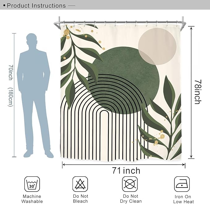Miyotaa Abstract Sage Green Modern Shower Curtain Set 71Wx84H Inches Minimalist Aesthetic Extra Long Contemporary Plant Monstera Leaves Polyester Waterproof Bathroom Curtain with 12 Hooks