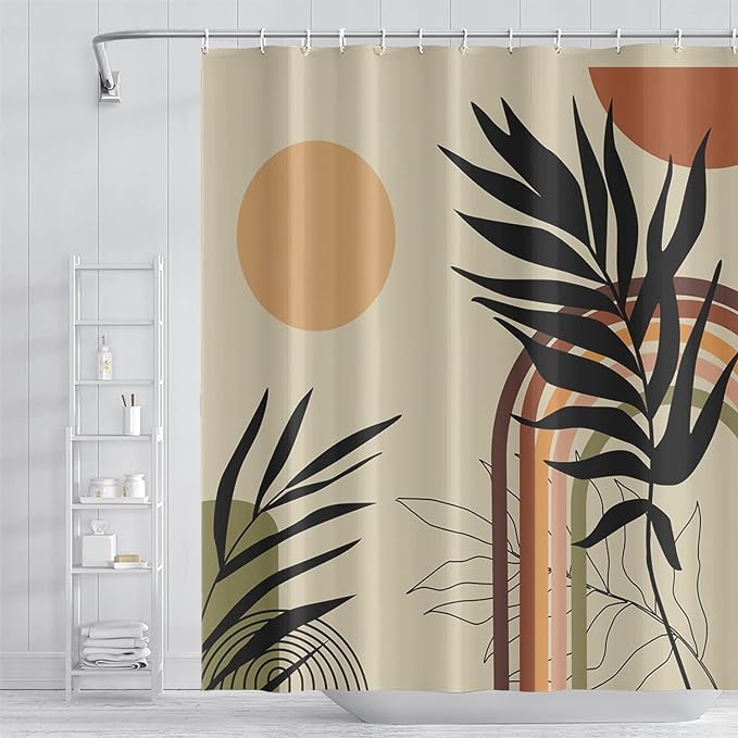 Mid Century Bohemian Bathroom Shower Curtain - Eucalyptus Leaves Colorful Arch Sun Shower Curtain with Hooks, Waterproof Polyester Fabric, 65x72 Inch