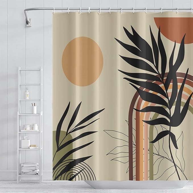 Abstract Mid Century Bohemian Bathroom Shower Curtain - Eucalyptus Leaves, Colorful Arch Sun Design With Hooks, Waterproof Fabric Polyester, Art Home Decor, 36x72 Inch
