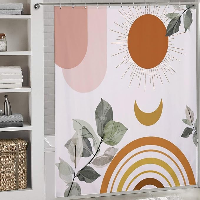 Boho Mid Century Shower Curtain,Green Nature Leaf Sun Modern Minimalist Bathroom Curtain Polyester Waterproof Fabric Decor 72x72in（183x183cm）