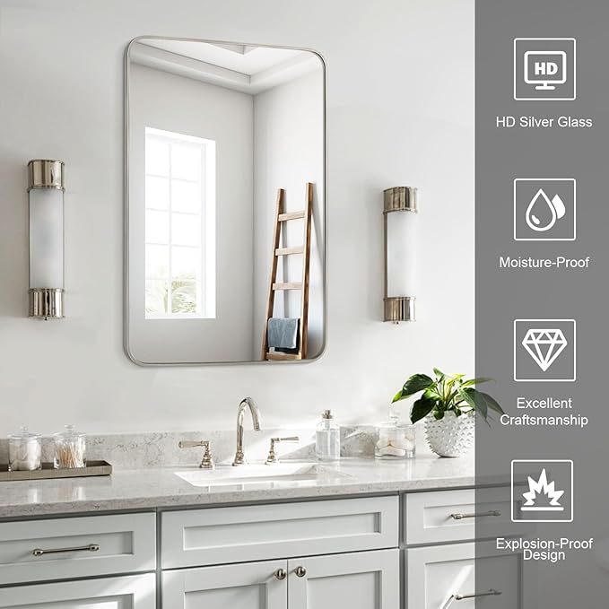 Bathroom Mirror Brushed Nickel, 20 x 30 Inch Metal Frame Rectangle Mirror Rounded Silver Modern Vanity Mirror Anti-Rust for Bathroom, Farmhouse Wall Mounted Vertically/Horizontally