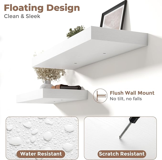 Marsmiles 12" Deep Floating Shelves for Wall with Invisible Brackets, Wall Mounted Engineered Wood Shelves with Wood Grain for Living Room, Bedroom, Kitchen Decor and Storage, 72" L Set of 1, White