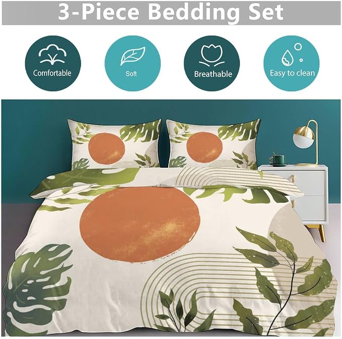 Green Leaf Bedding Set,Mid Century Tropical Plant Palm Leaves Abstract Minimalist Geometic Boho Modern Comforter Set with Pillowcase for Bedroom Bed Decor,King 102"x90"