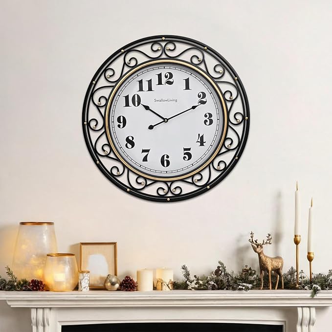 SwallowLiving 24 Inch Vintage Iron Metal Frame Wall Clock Silent, Battery Operated, Elegant Retro Decor for Living Room, Kitchen, Office, Dining Room, and Bedroom