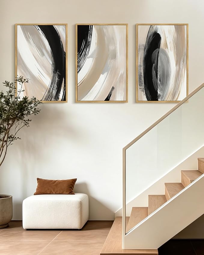 KUVIOKE Modern Abstract Framed Wall Art Black Neutral Minimalist Ink and Wash Graffiti Pastel Wall Decor for Bedroom Living Room 16x24in (Natural Framed)