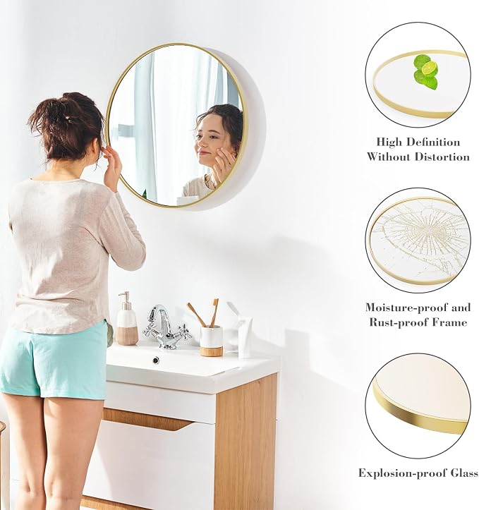 NEWBULIG Round Bathroom Mirror for Over Sink, 28 Inch Wall Mount Vanity Circle Mirror with Matte Metal Framed, Decor for Bathroom, Entryway, Bedroom, Gold
