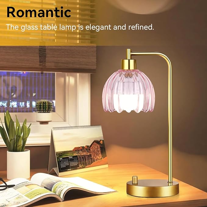 Pink Table Lamp Set of 2,Small Gold Bedside Lamps Dimmable Boho Bedroom Lamp with Tulip Flower Glass Lamp Shade,Vintage Mid Century Modern Mini Nightstand Lamp for Kids Bedroom Living Room