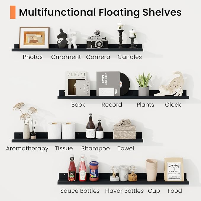 RICHFOCUS Picture Ledge Shelf, 16 inch Floating Shelves Set of 2, Wood Wall Shelves with Lip, Wall Decor Storage for Bedroom Living Room Bathroom Kitchen Nursery Photo Picture, Black