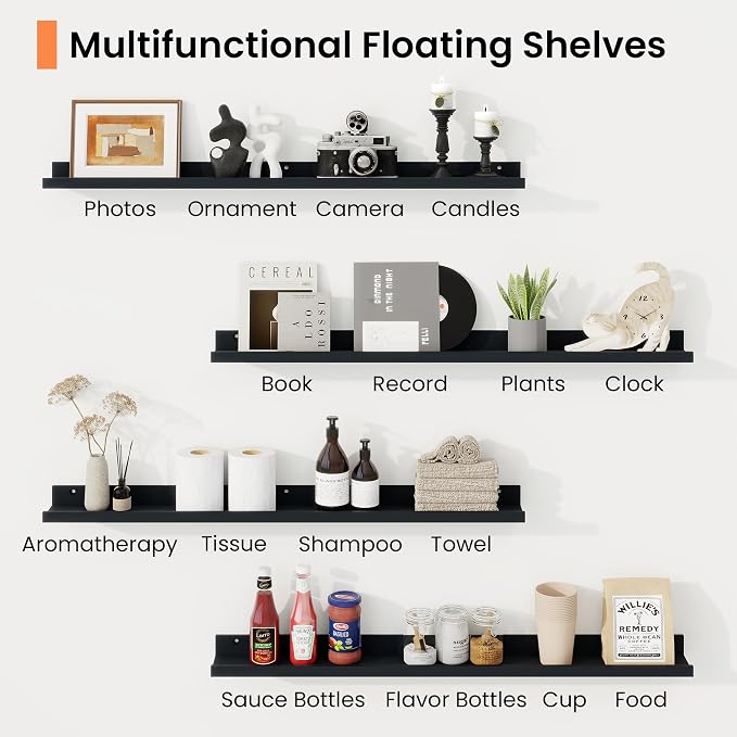 RICHFOCUS Picture Ledge Shelf, 30 inch Floating Shelves Set of 2, Wood Wall Shelves with Lip, Wall Decor Storage for Bedroom Living Room Bathroom Kitchen Nursery Photo Picture, Black