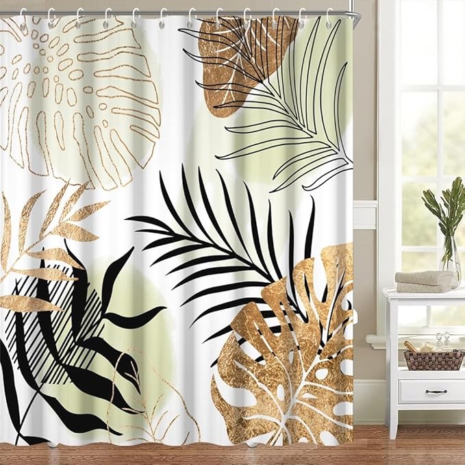 Modern Boho Shower Curtain Green Gold Palm Leaves Abstract Aesthetic Bathroom Decor Gorgeous Watercolor Botanical Theme Bohemian Bath Curtain Washable Waterproof Polyester Fabric with Hooks 72x84 Inch