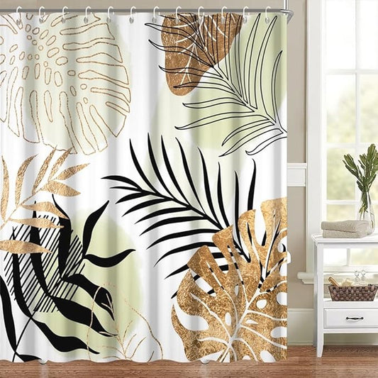 Modern Boho Shower Curtain Green Gold Palm Leaves Abstract Aesthetic Bathroom Decor Gorgeous Watercolor Botanical Theme Bohemian Bath Curtain Washable Waterproof Polyester Fabric with Hooks 72x84 Inch