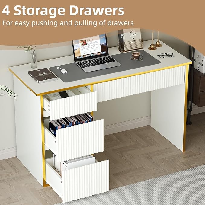 4 EVER WINNER White Desk with Drawers, 47'' Computer Desk with 4 Drawers for Small Spaces, Small Office Desk with File Drawer for Study Room, Bedroom, White and Gold Desk