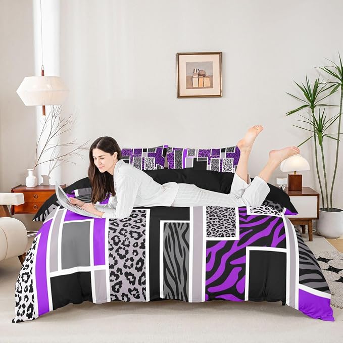 Erosebridal Leopard Print Comforter Cover Full Zebra Skin Texture Geometric Patchwork Bedding Set Purple Black Square Stripes Duvet Cover for Kids Teen Adults,Rustic Farmhouse Animal Bed Set