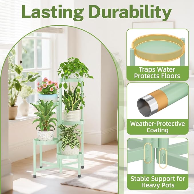iDavosic.ly Plant Stand Indoor Outdoor, 5 Tier Corner Metal Flower Display Holder Shelf, Folding Tall Orchid Rack for Patio Balcony Porch Garden Living Room House, Light Green