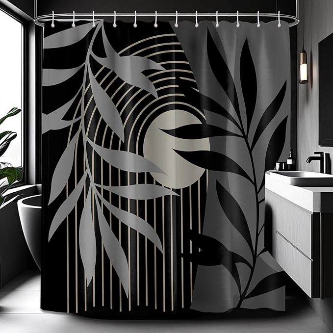 Boho Black and Grey Shower Curtain, Mid Century Modern Black and Gray Shower Curtains for Bathroom, Waterproof Fabric Set with Hooks, 70" W x 84" L (Pack of 1)
