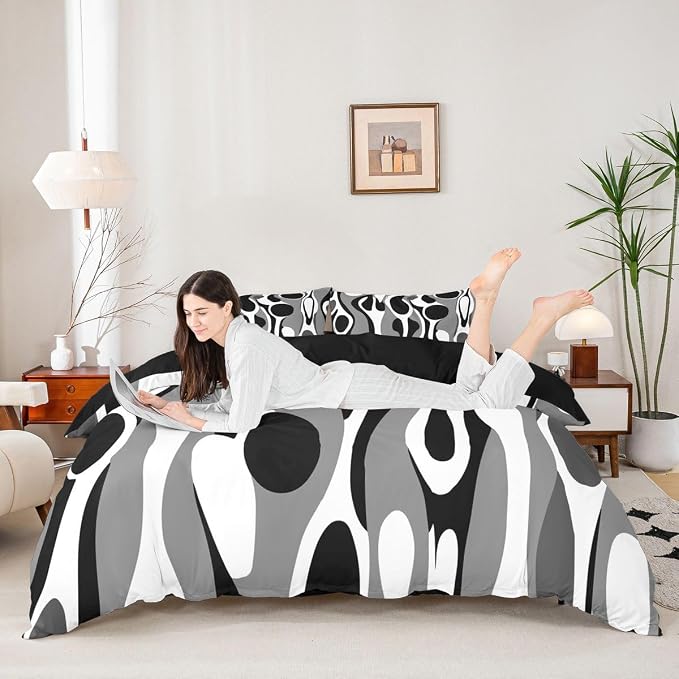 Erosebridal Organic Geometric Duvet Cover Set Modern Abstract Full Size Bedding Sets for Youth Boys Retro Mid Century Comforter Cover Modern Fluid Art Irregular Circles Bed Set,Gray Black