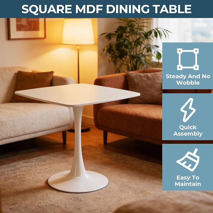 23.62" White Tulip Table, Square Dining Table for 2, Pedestal Table with Metal Leg, Mid Century Modern Bistro Table for Kitchen, Small Space & Cafe
