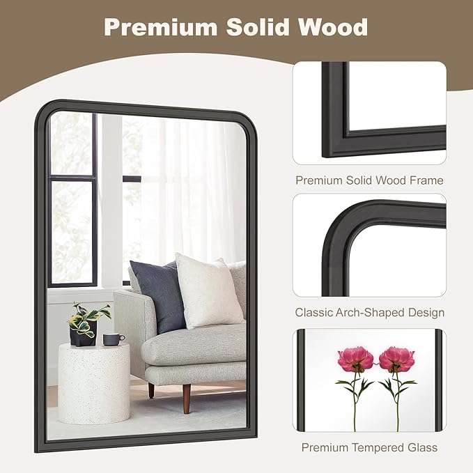 HOMECOOKIN 30" x 40" Wood Framed Mirror Bathroom Mirrors for Wall, Black Arched Wood Bathroom Vanity Mirror for Entryway, Living Room or Bedroom Home Decor
