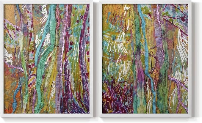 Renditions Gallery Set of 2 Peel & Stick Framed Prints, Modern Abstract Wall Art, Colorful Artistic Painting Wall Decor, Re-Stickable - Ready to Hang - 16"x20" - White Frame LT588