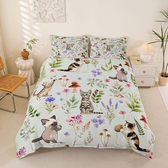 Erosebridal Cute Cat Duvet Cover King Kitten Cat Lovers Bedding Set Pale Green Boho Watercolor Floral Comforter Cover for Kids Girls Boys Adults Funny Pet Animal Bed Set