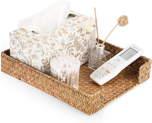 BTSKY Multipurpose A4 File Tray Natural Seagrass Desk Tray Organizer Woven Letter Size Desk Documents Trays Magazine Files Storage Basket Organizer Bin for Office Cosmetics Bathroom, Caramel