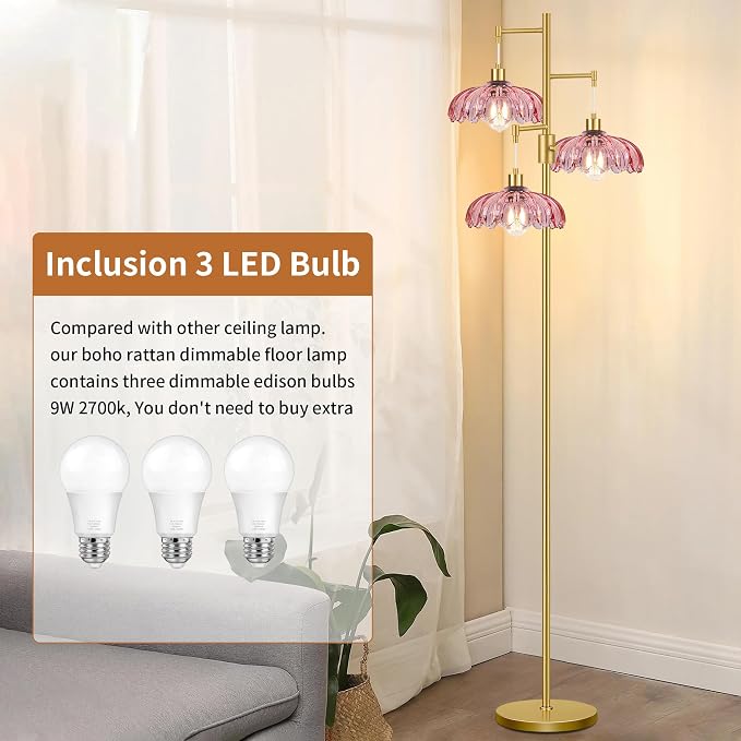 ZECOXOL Gold Floor Lamps for Living Room-3 Light Dimmable Floor Lamp with Three Bulbs & Glass Lampshape, Mid Century Modern Standing Lamp Tree Tall Flower Floor Lamp for Bedroom Living Room,Corner