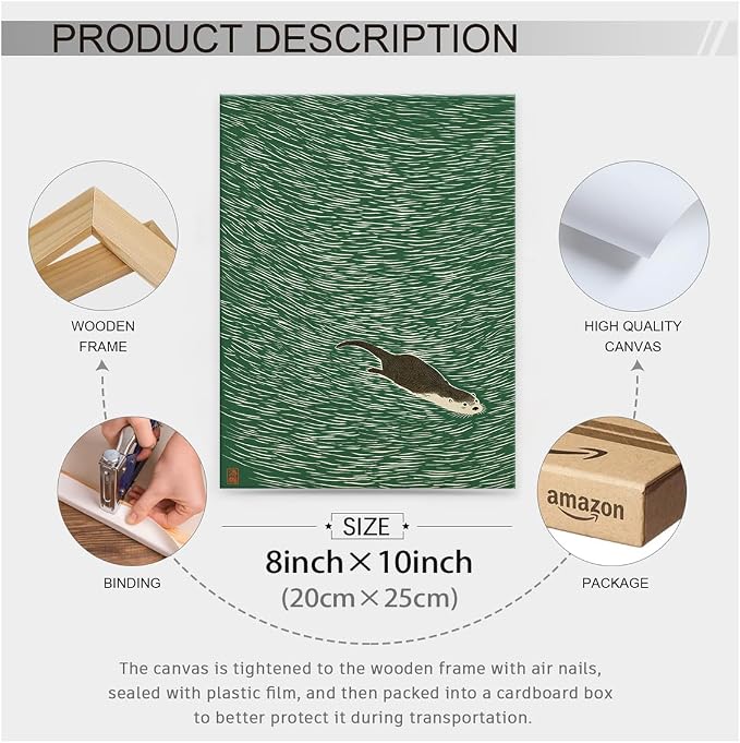 Wrapped Framed Japanese Otter Swimming Poster Funny Nature Wild Animal Pictures Retro Minimal Green Water Canvas Wall Art for Living Room Bedroom Bathroom 08x10 inch